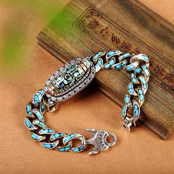 Bracelet | Dzi Bead & Natural Turquoise Engraved Mantra