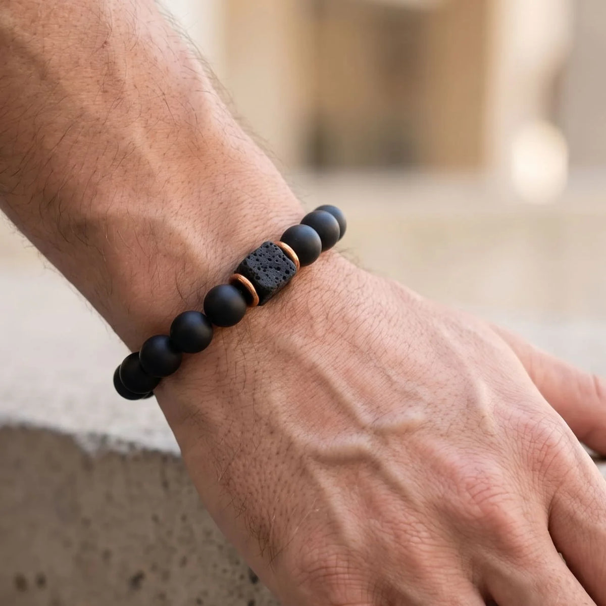 Bracelet | Matte Black Onyx & Cube Lava Stone | Adjustable Fit