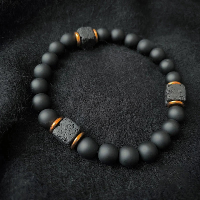 Bracelet | Matte Black Onyx & Cube Lava Stone | Adjustable Fit