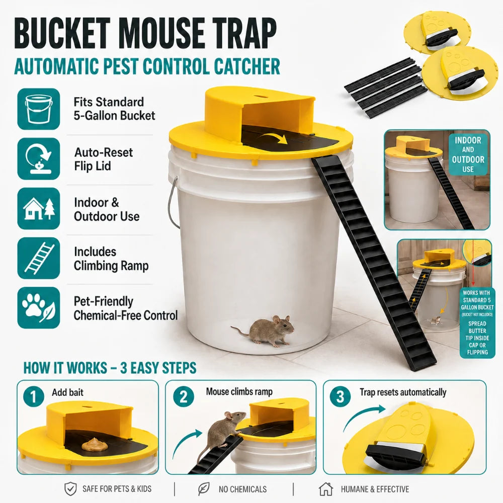 Bucket Mouse Trap Lid | Automatic Flip-Lid & Pet-Safe | Fits 5-Gallon Bucket