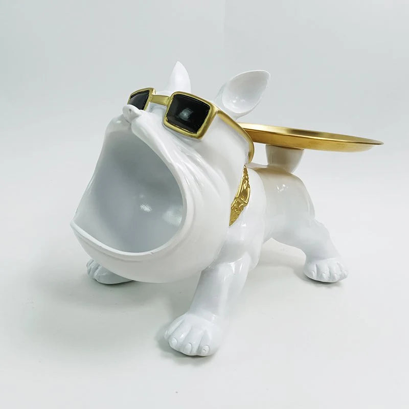 Bulldog Figurine | Integrated Tray & White-Gold Resin