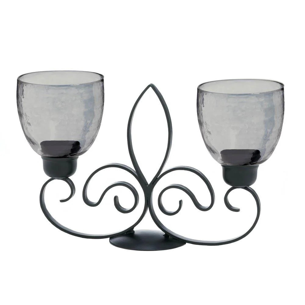 Candle Holder | Fleur-De-Lis Design | Iron Base & Glass Cups
