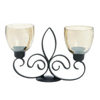 Candle Holder | Fleur-De-Lis Iron Frame & Iridescent Glass Cups | Dual