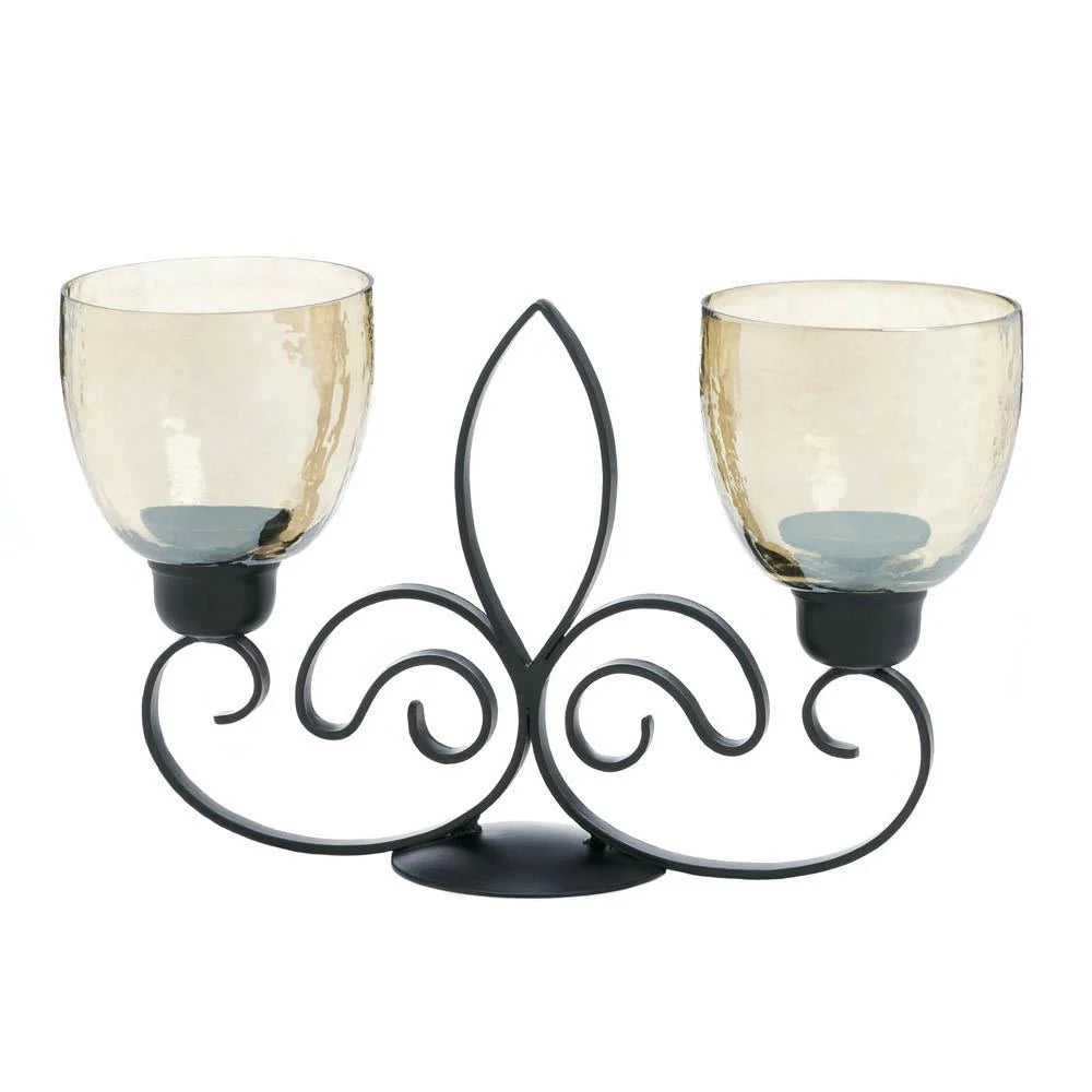 Candle Holder | Fleur-De-Lis Iron Frame & Iridescent Glass Cups | Dual