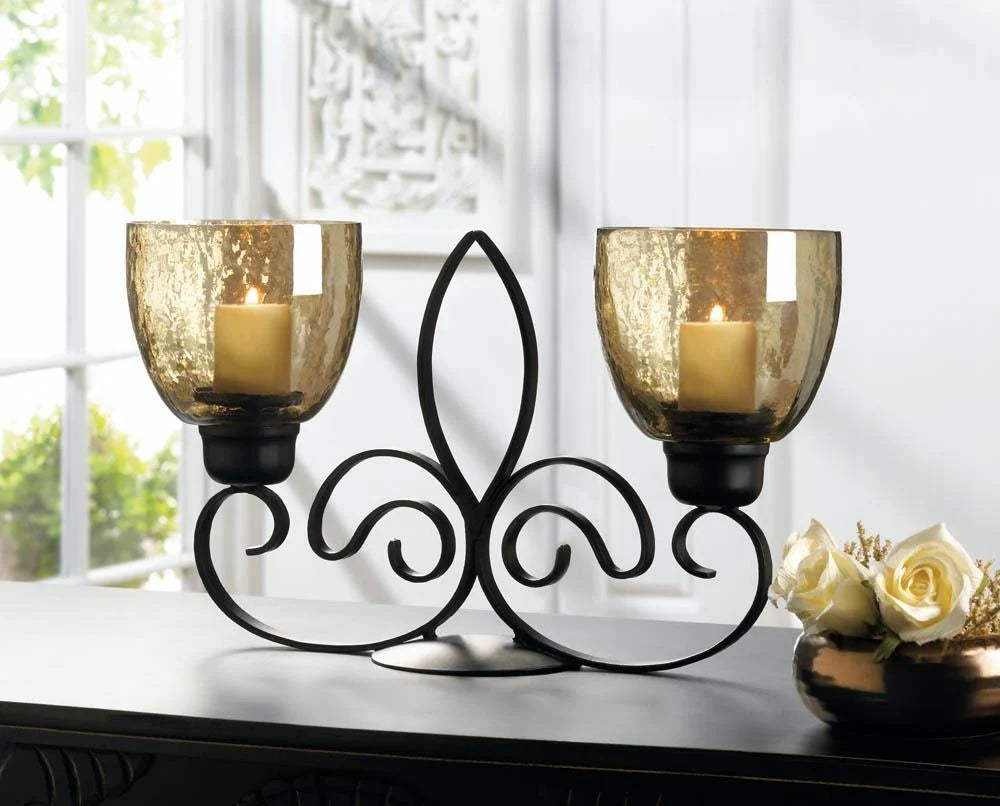 Candle Holder | Fleur-De-Lis Iron Frame & Iridescent Glass Cups | Dual