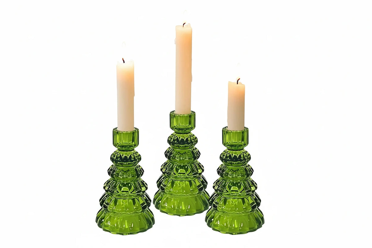 Candle Holder | Glass Christmas Tree Centerpiece | Set of 3