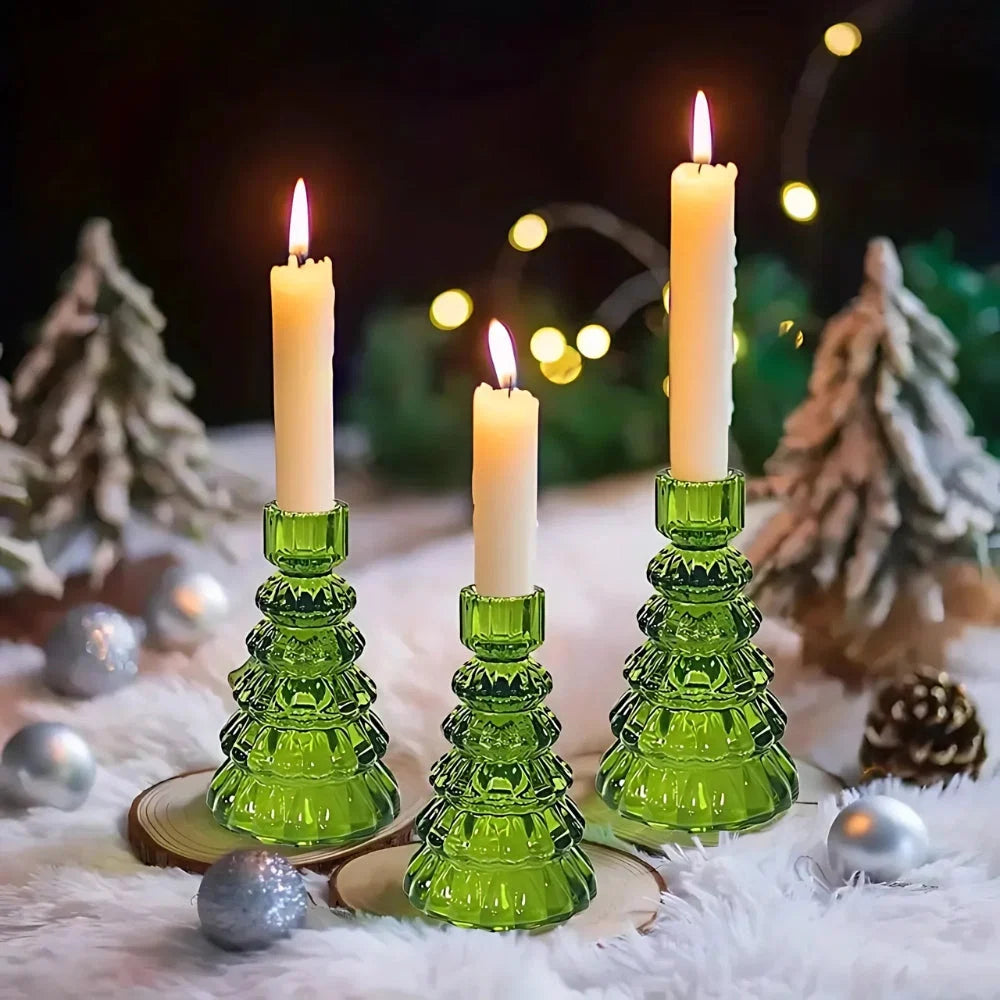 Candle Holder | Glass Christmas Tree Centerpiece | Set of 3