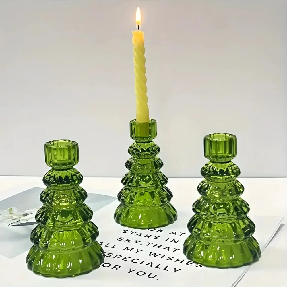 Candle Holder | Glass Christmas Tree Centerpiece | Set of 3