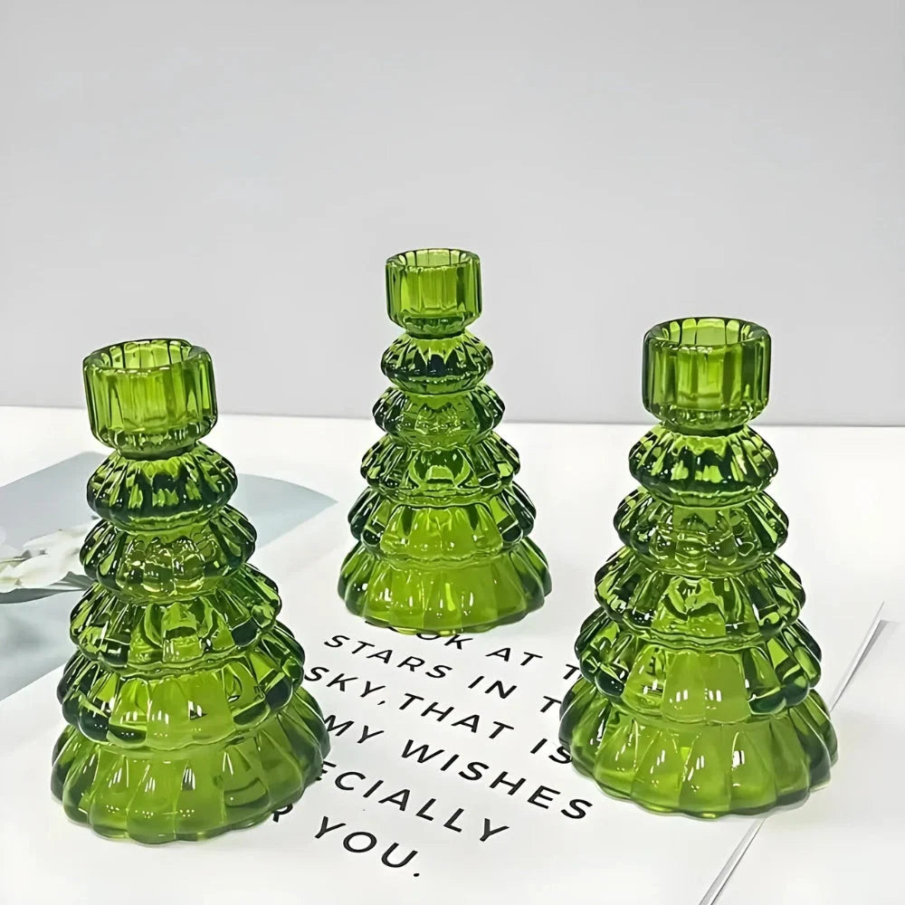 Candle Holder | Glass Christmas Tree Centerpiece | Set of 3
