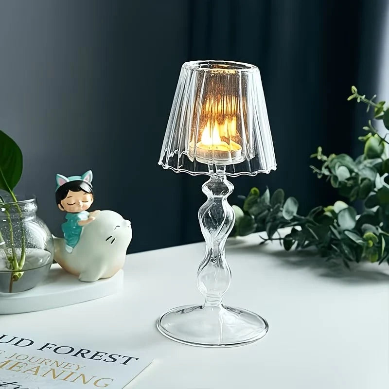 Candle Holder | Glass Table Lamp Shape & Pleated Shade