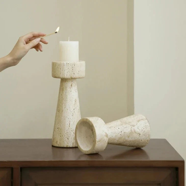Candle Holder | Handcrafted Travertine Stone & Warm Glow