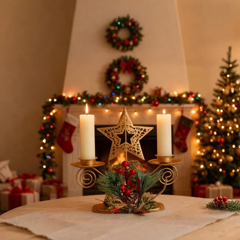 Candle Holder | Iron & Golden Holiday Motifs