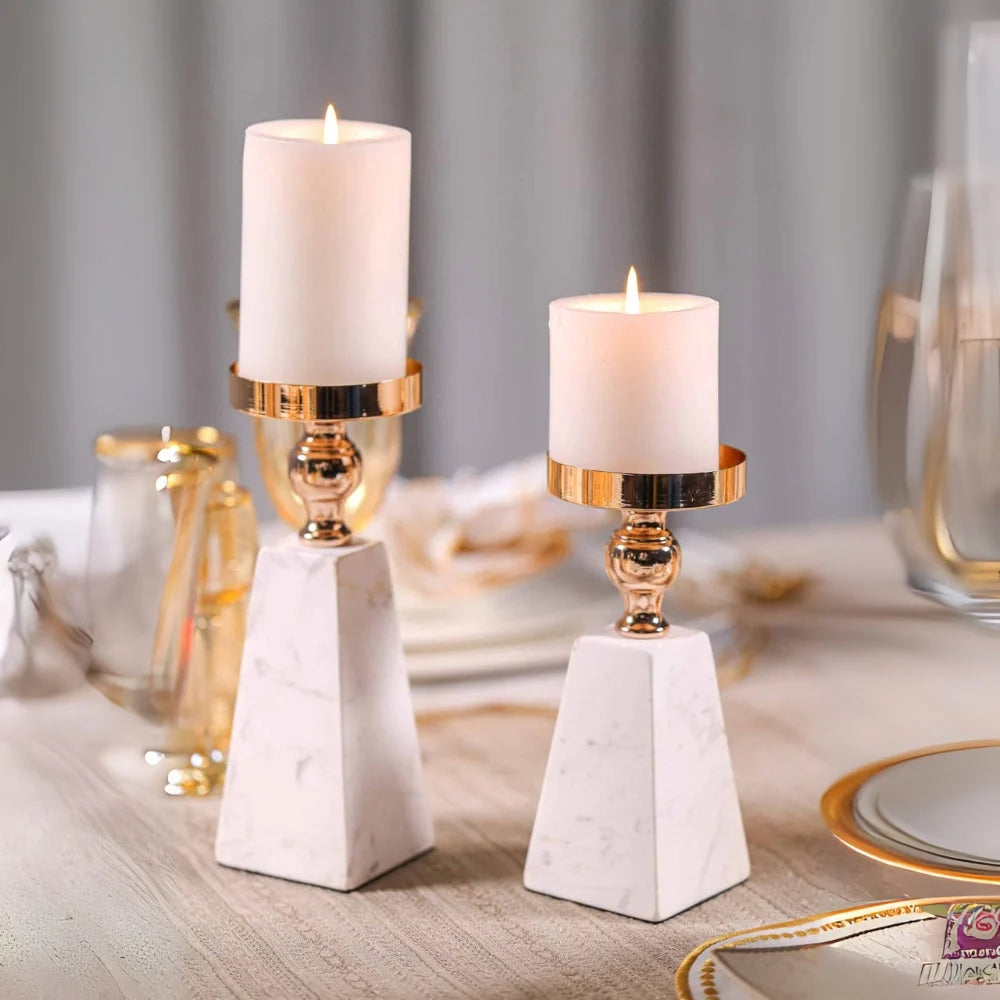 Candle Holder | Pyramid Natural Marble & Gold Accent | Two Sizes