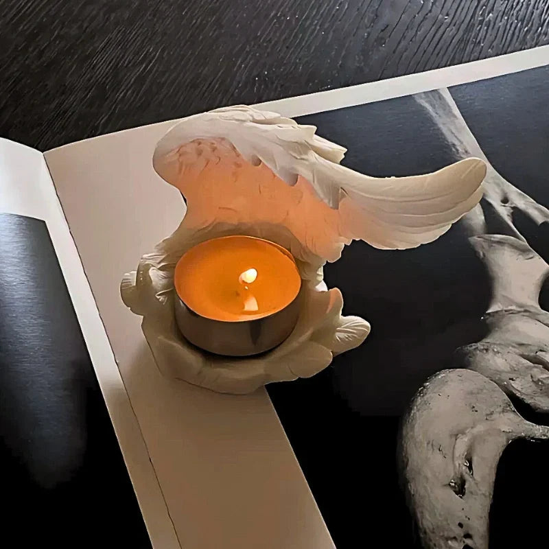 Candle Holder | Resin Angel Wings With Feather Detail | Cup Candle Compatible | 10 × 8 × 6 Cm