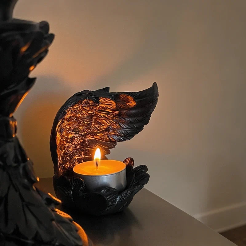 Candle Holder | Resin Angel Wings With Feather Detail | Cup Candle Compatible | 10 × 8 × 6 Cm