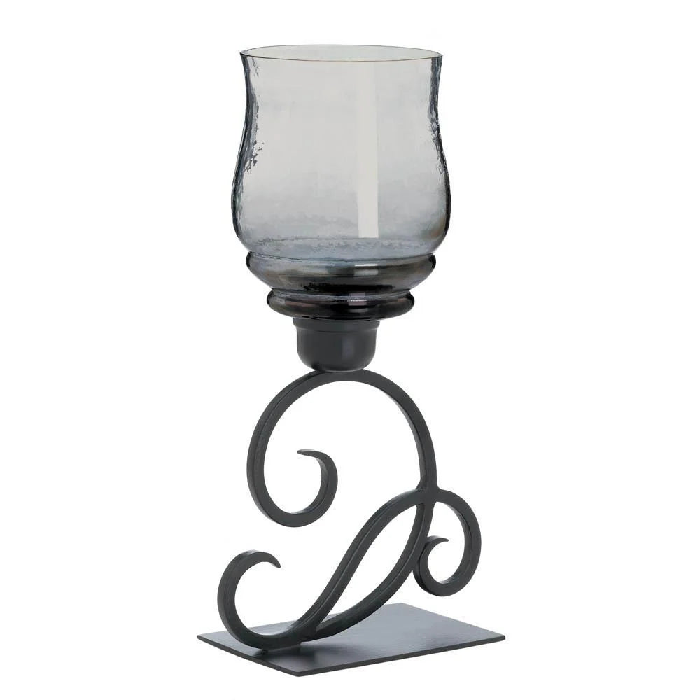 Candle Holder | Scrolling Iron Design & Smoked Glass Cup