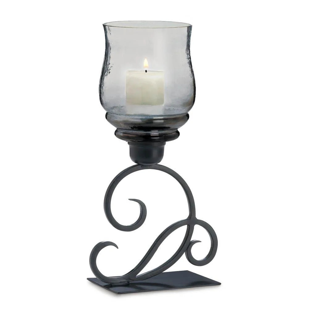 Candle Holder | Scrolling Iron Design & Smoked Glass Cup