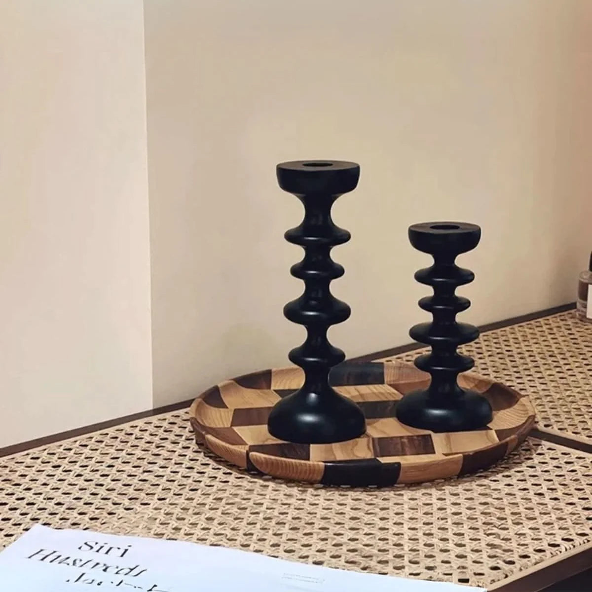 Candle Holder | Sculptural Black Wood | Set of 2