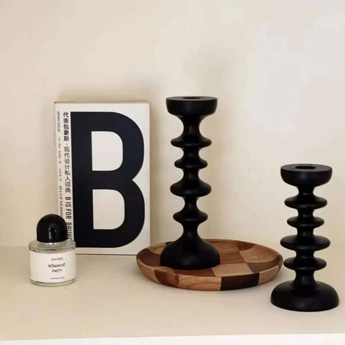 Candle Holder | Sculptural Black Wood | Set of 2