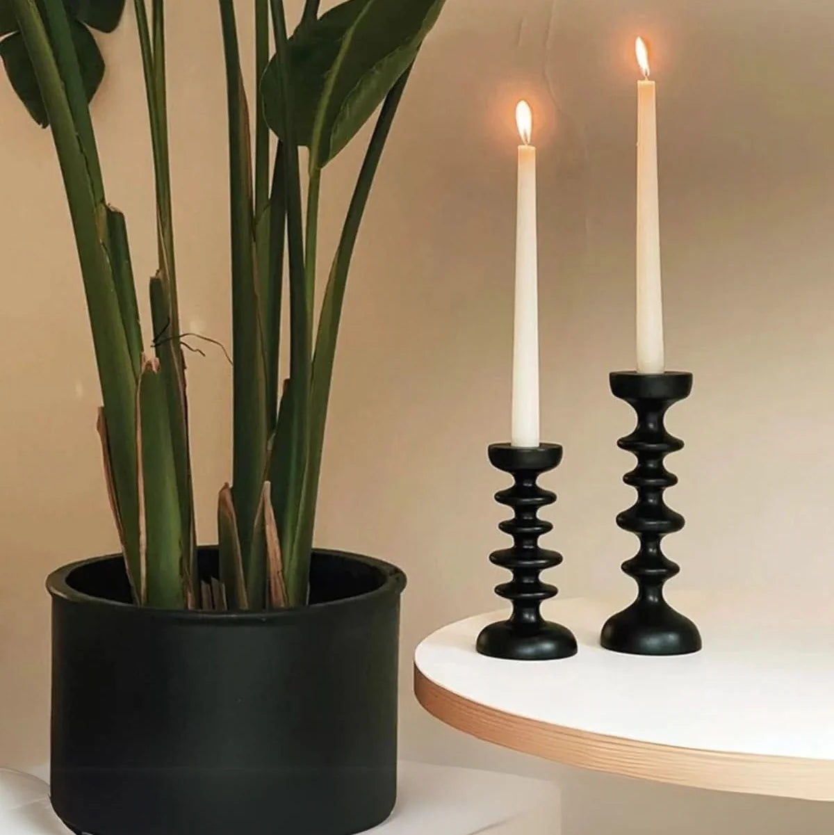 Candle Holder | Sculptural Black Wood | Set of 2