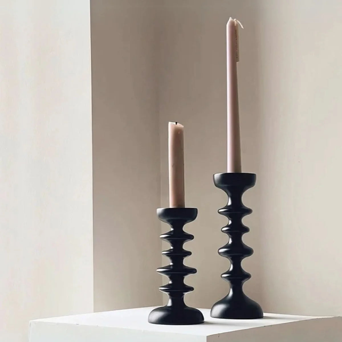 Candle Holder | Sculptural Black Wood | Set of 2