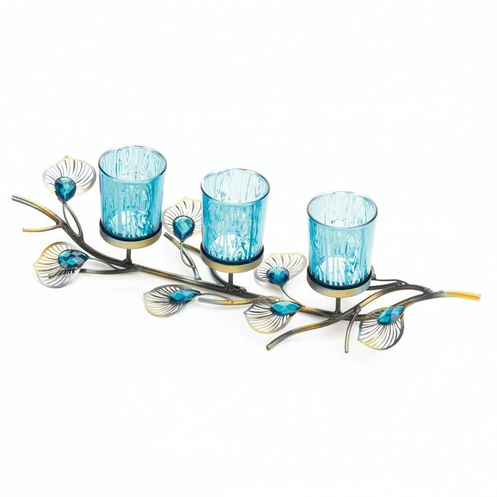 Candle Holder Set | Peacock Feather Design & Turquoise Glass Cups | Set of 3