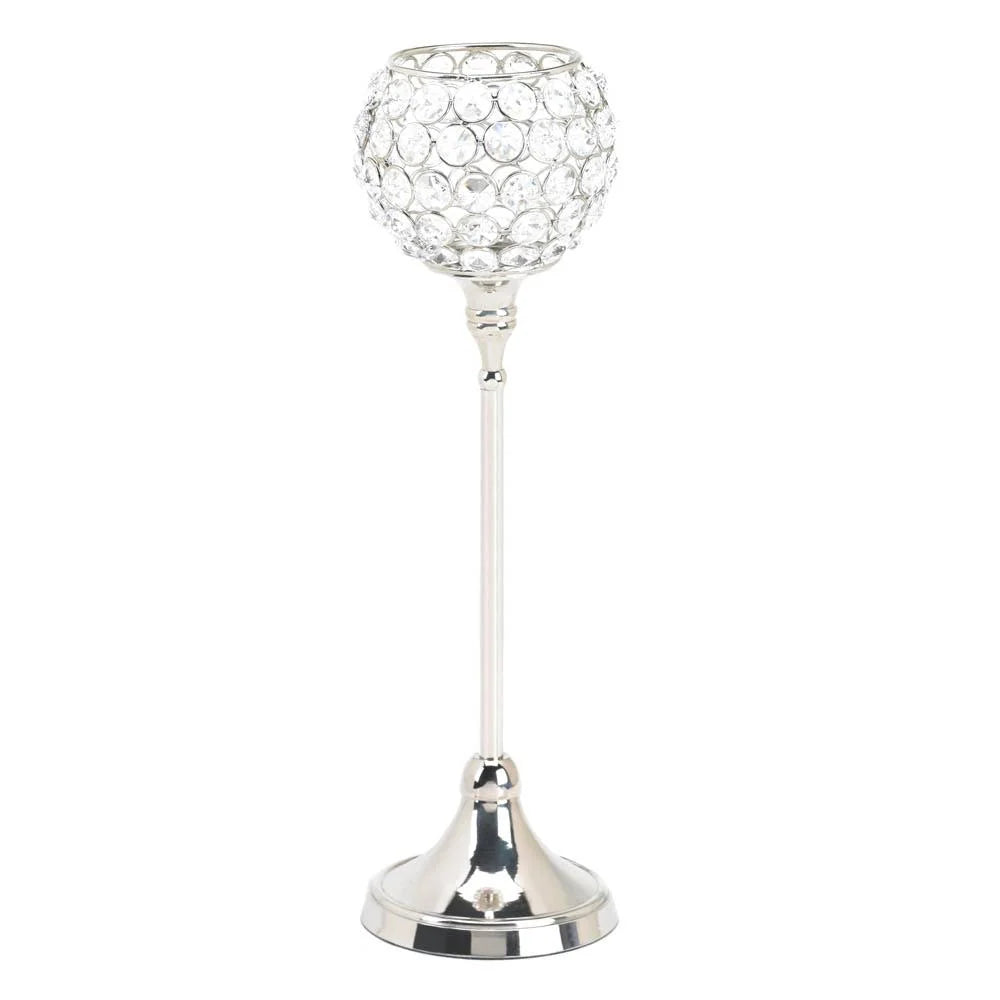 Candlestick Holder | Faceted Glass & Silver Metal | 13.5 in Tall