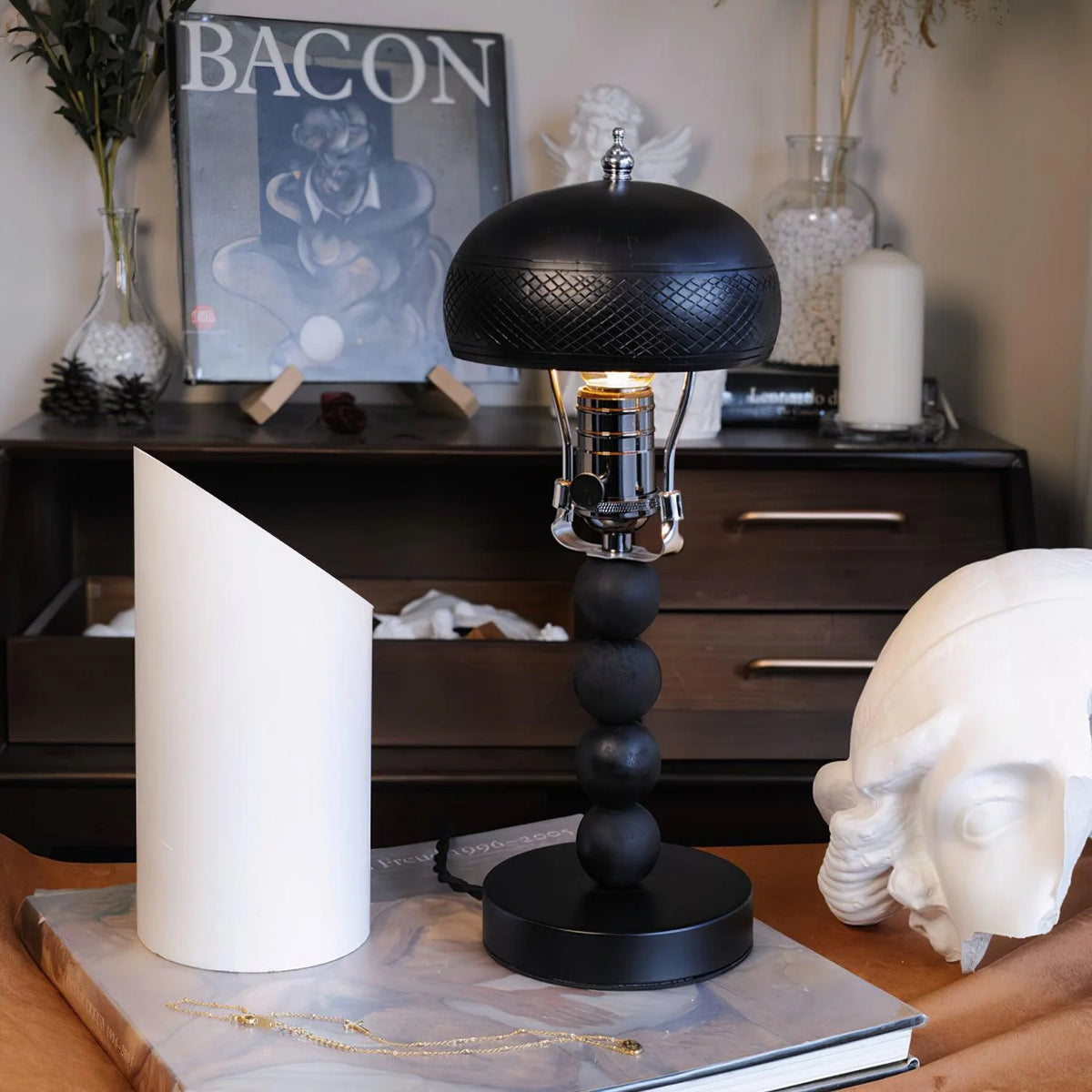 Candlestick Table Lamp | Turned Wood & Dimmable | 16.9 in