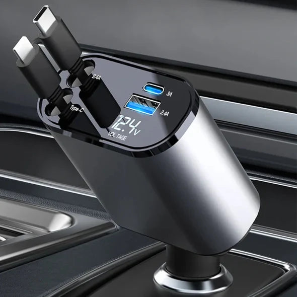 Car Charger | Retractable Dual Cords & USB-C/Lightning Adapters | 4-in-1