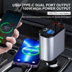 Car Charger | Retractable Dual Cords & USB-C/Lightning Adapters | 4-in-1