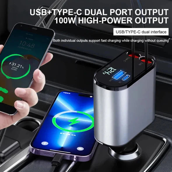 Car Charger | Retractable Dual Cords & USB-C/Lightning Adapters | 4-in-1