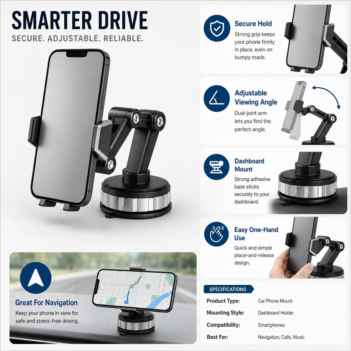 Car Phone Mount | Adjustable Suction Cup & Vent Clip