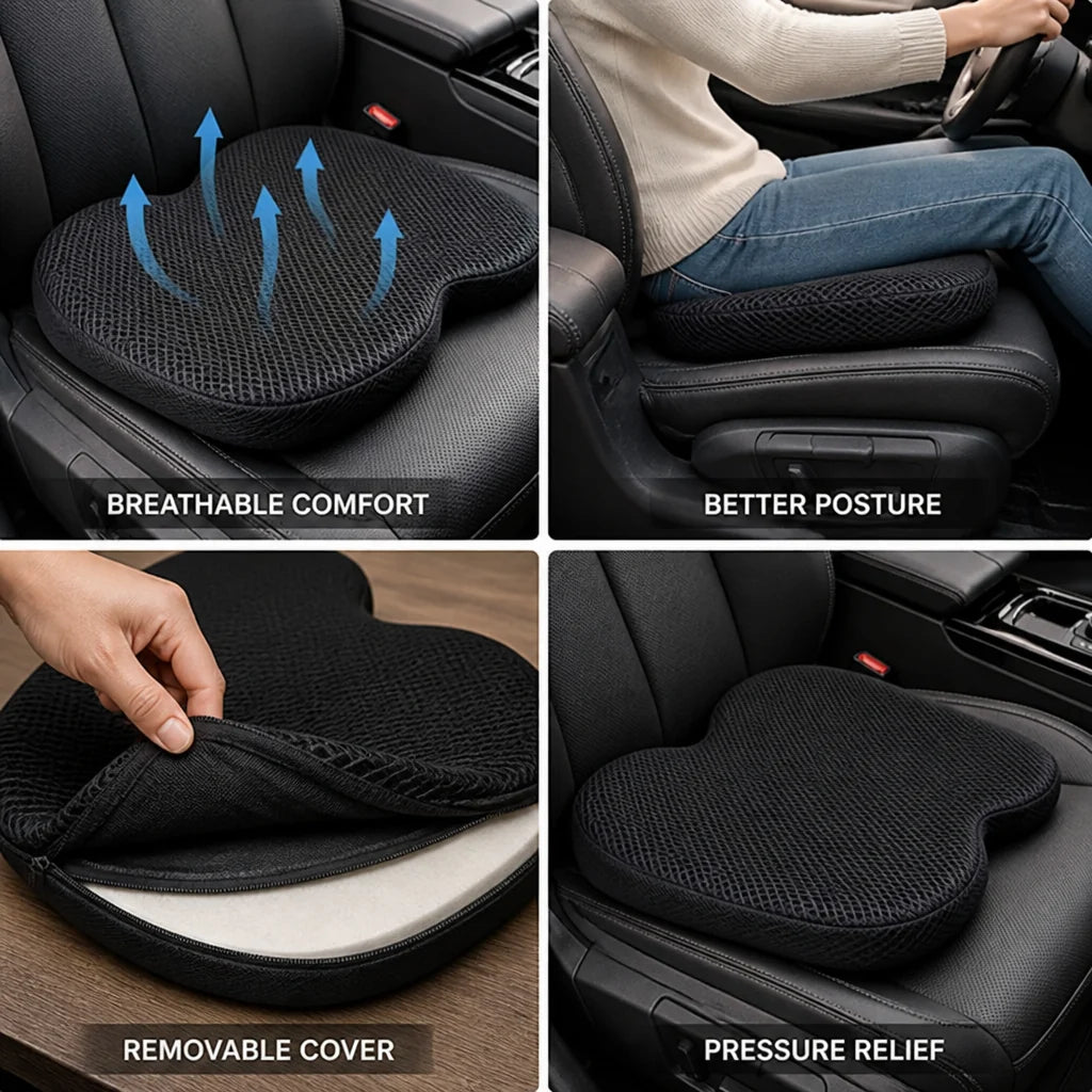 Car Seat Cushion | Ergonomic Pressure-Relieving & Breathable | Removable Washable Cover