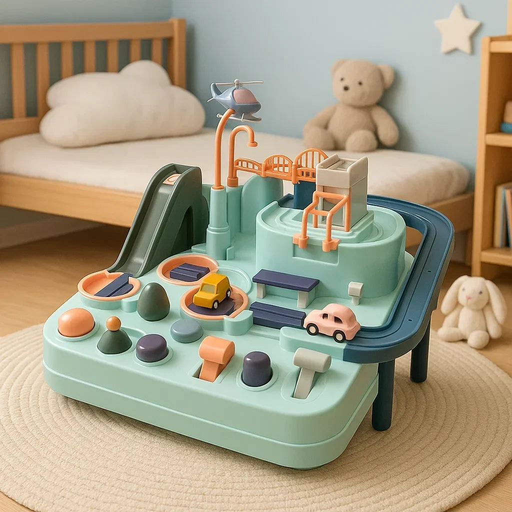 Car Track Playset | Mechanical & Modular | Includes 4 Mini Cars