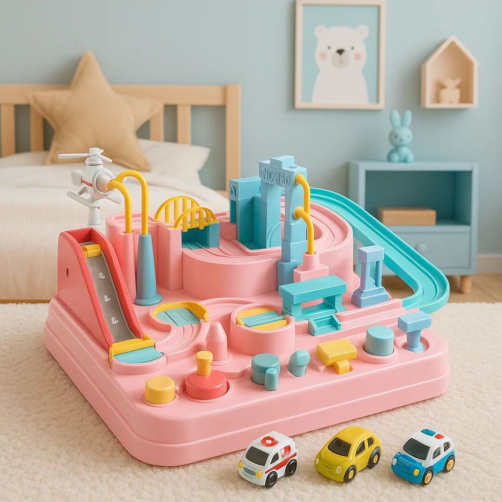 Car Track Playset | Mechanical & Modular | Includes 4 Mini Cars