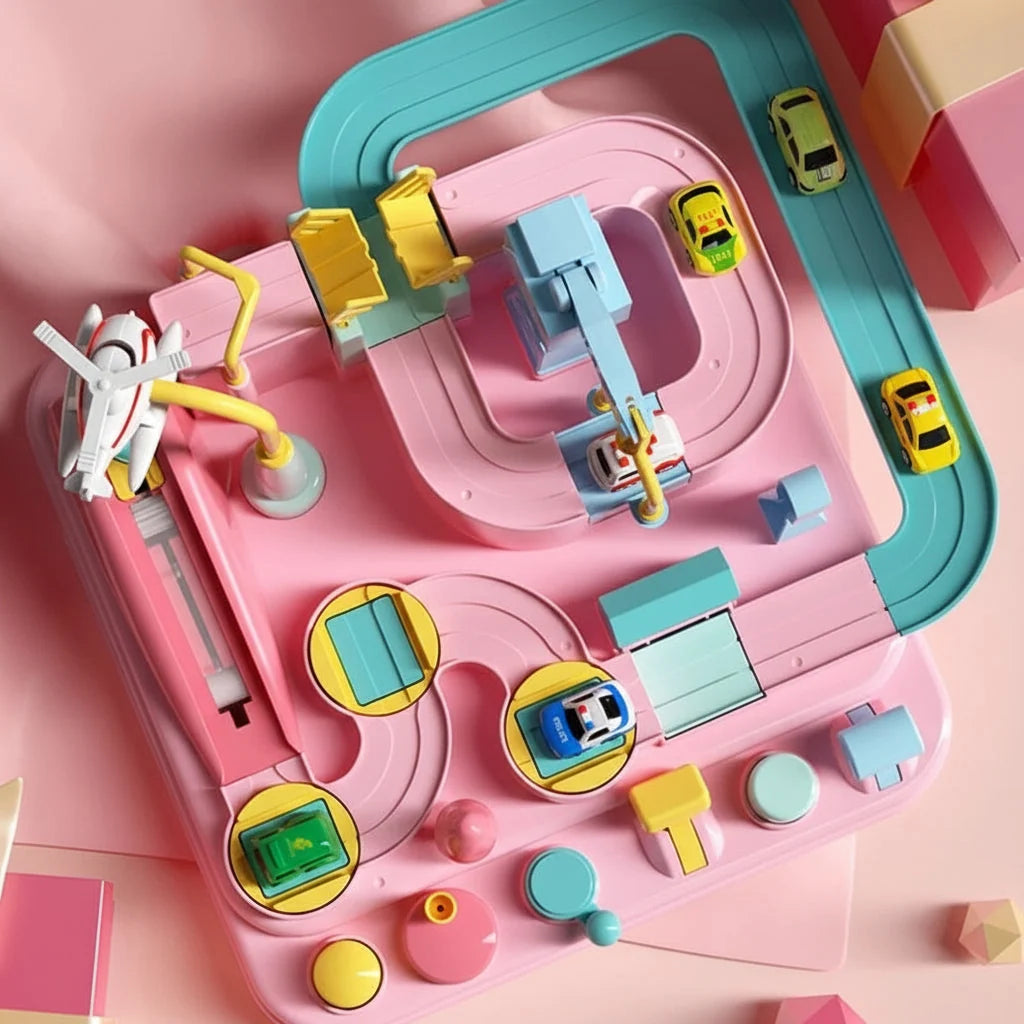 Car Track Playset | Mechanical & Modular | Includes 4 Mini Cars