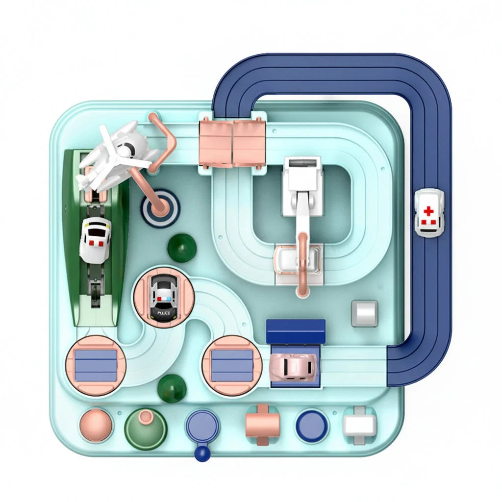 Car Track Playset | Mechanical & Modular | Includes 4 Mini Cars