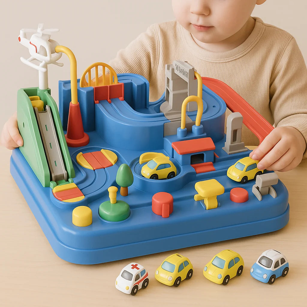 Car Track Playset | Mechanical & Modular | Includes 4 Mini Cars