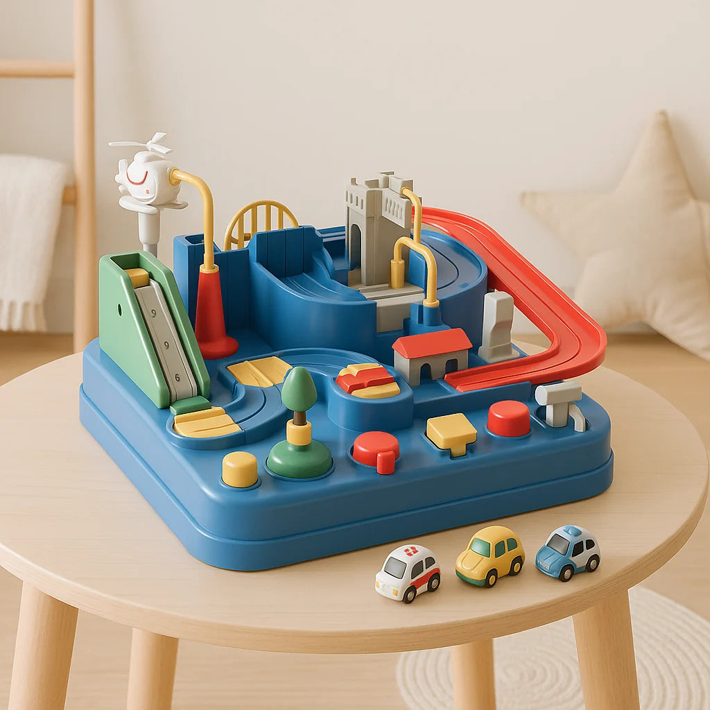 Car Track Playset | Mechanical & Modular | Includes 4 Mini Cars