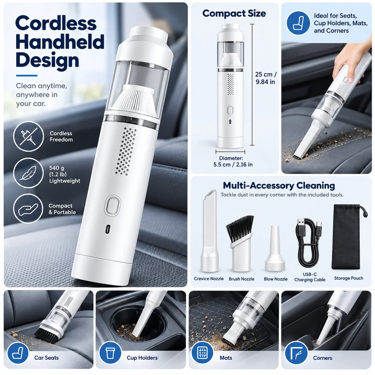Car Vacuum | Cordless & Handheld Mini-Compact | Includes Accessories