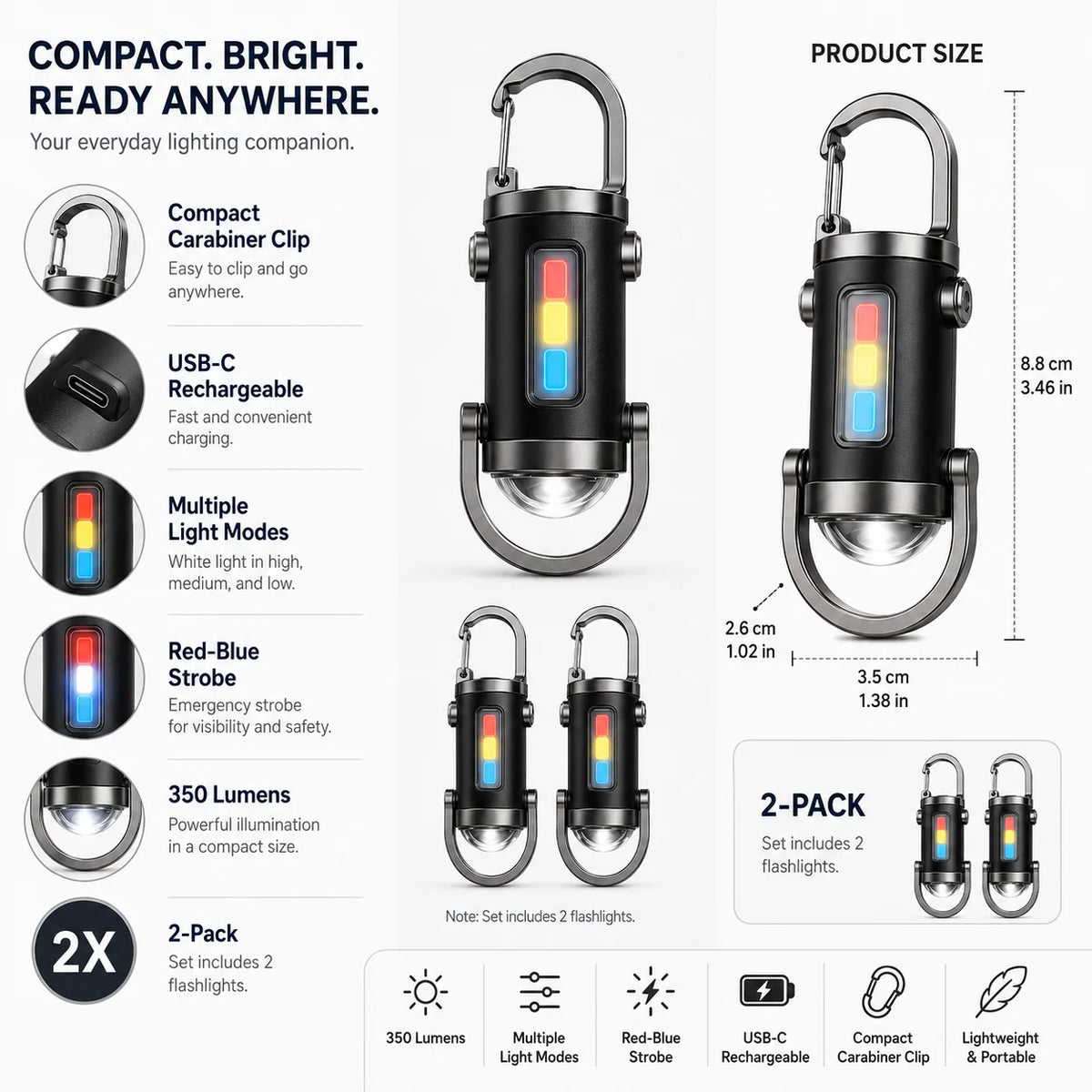 Carabiner Flashlight | 350 Lumens & USB-C Rechargeable | 2-Pack