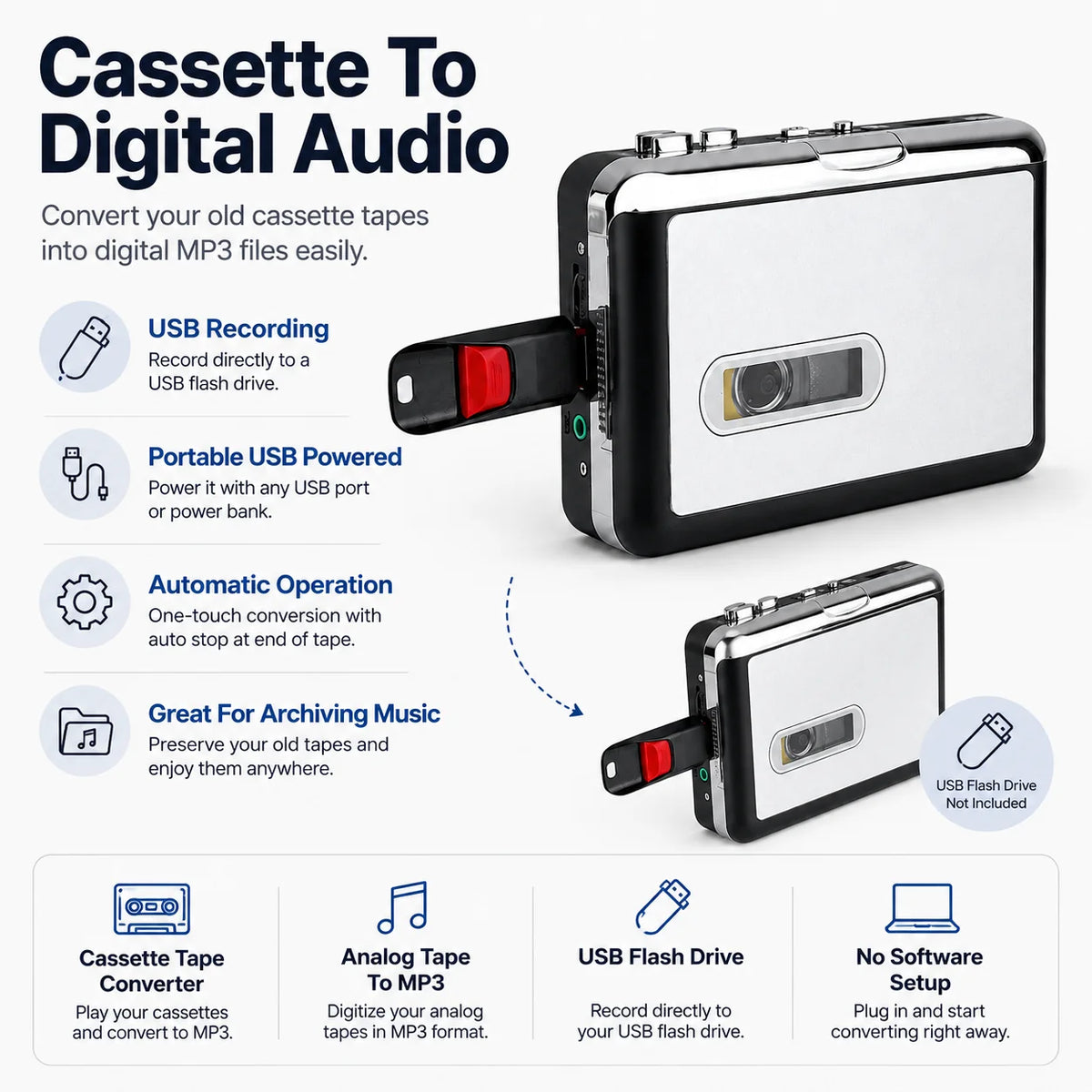 Cassette Tape Converter | Automatic USB MP3 Recorder & Plug-And-Play