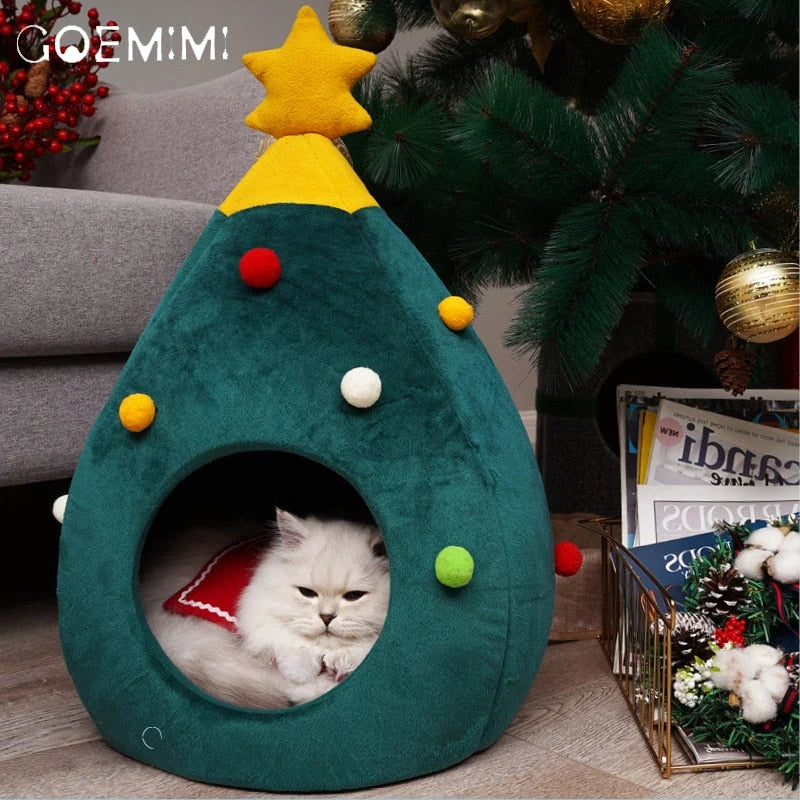 Cat Bed | Christmas Tree Shape & Soft Plush | Size M & L