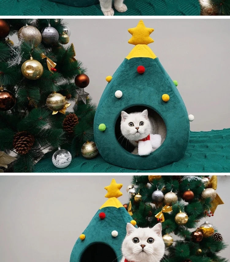 Cat Bed | Christmas Tree Shape & Soft Plush | Size M & L