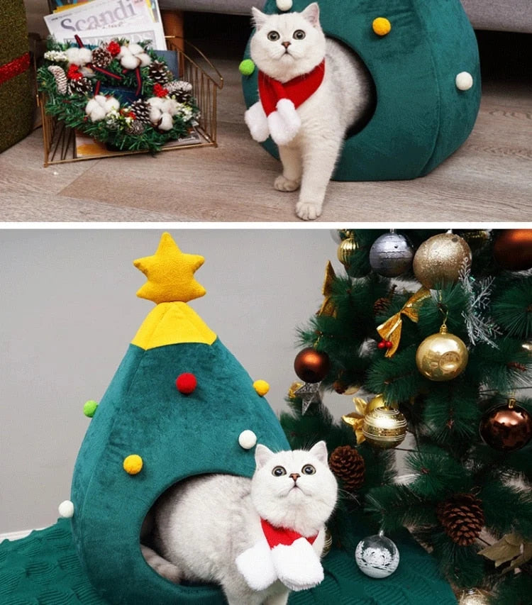 Cat Bed | Christmas Tree Shape & Soft Plush | Size M & L