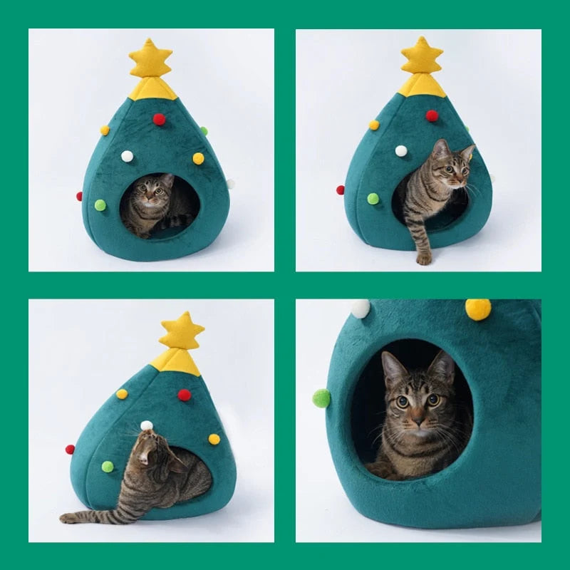 Cat Bed | Christmas Tree Shape & Soft Plush | Size M & L