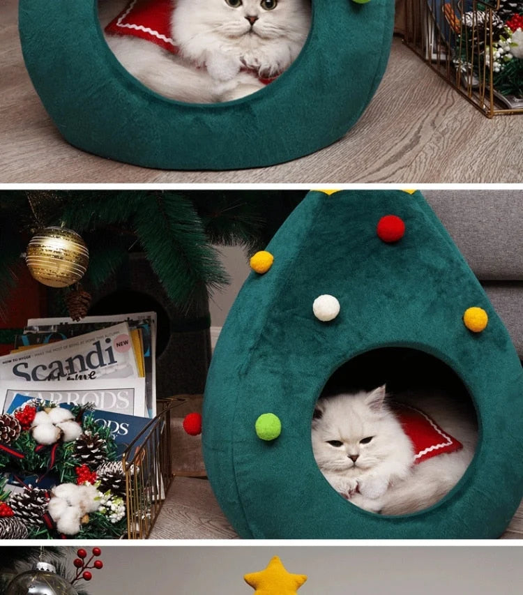 Cat Bed | Christmas Tree Shape & Soft Plush | Size M & L