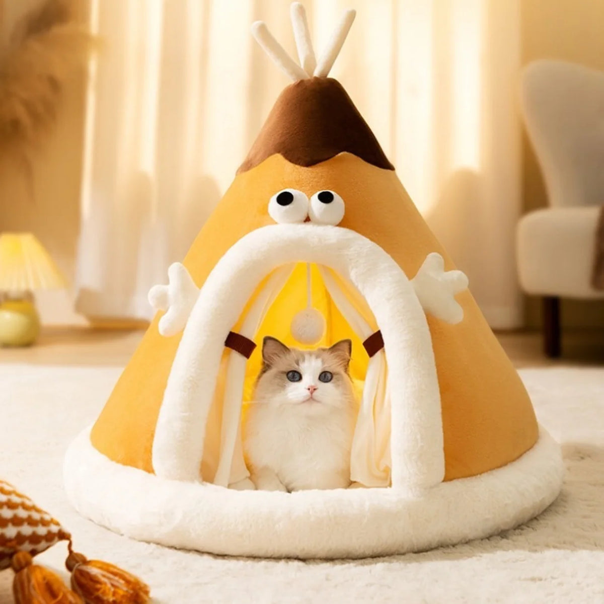 Cat Bed Tent | Fleece & Plush Cozy Cave | Non-Slip Base