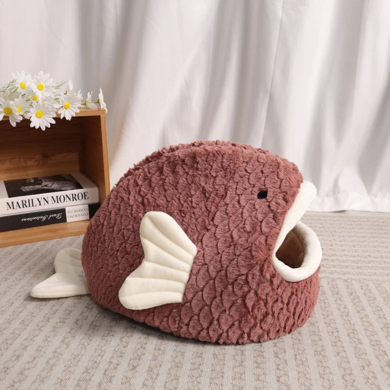 Cat Cave | Fish-Shaped Plush & Insulated | Removable Cushion