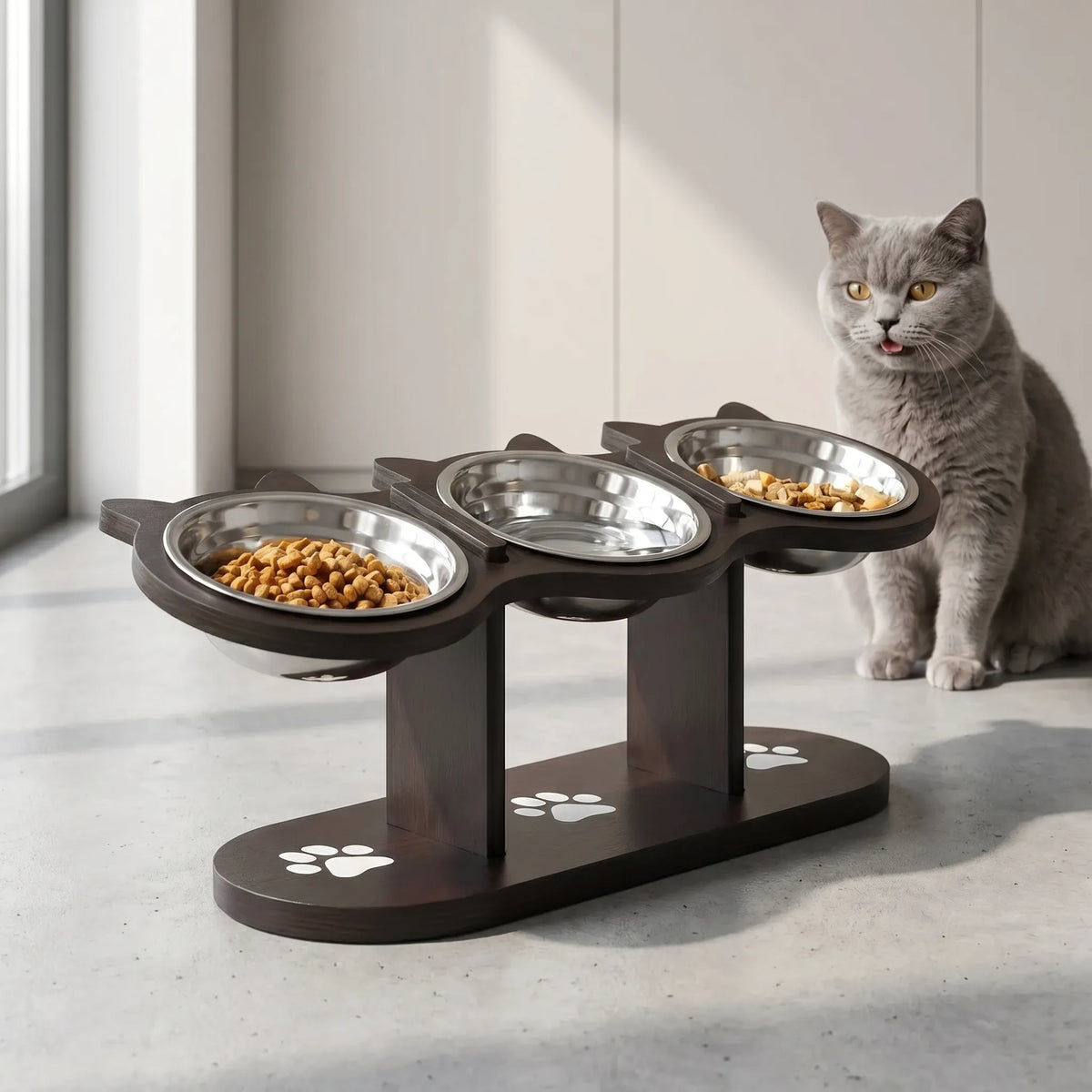 Cat Feeding Station | Elevated 15° Tilt & Stainless Steel Bowls